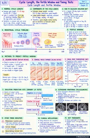 Handwritten one-page note: cycle length, fertile window, ovulation prediction methods and timing tests