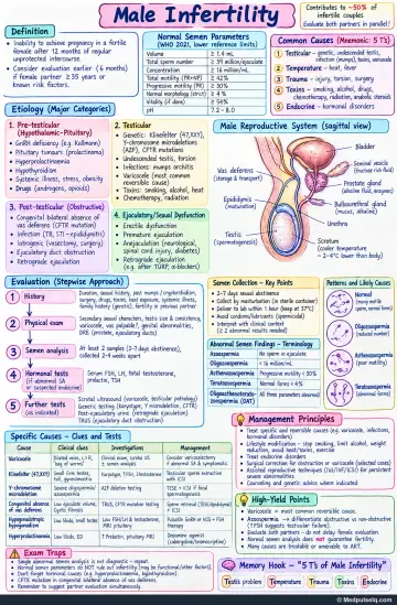 Handwritten one-page note: Male infertility categories and WHO semen limits
