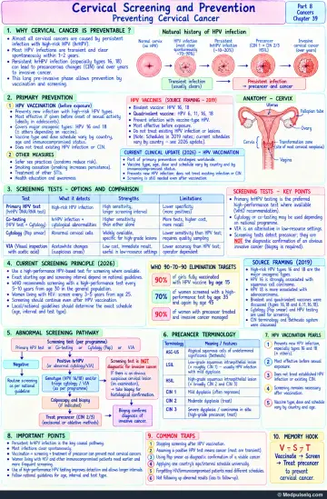 Handwritten one-page note: cervical cancer prevention — HPV natural history, vaccination, screening tests, WHO 90-70-90 targets and the abnormal-result pathway