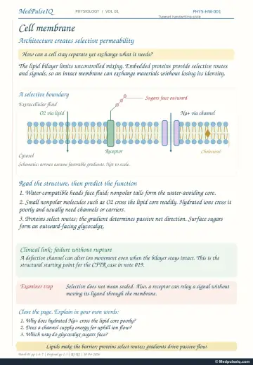 Handwritten one-page note: cell membrane architecture and selective permeability