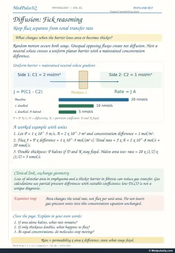 Handwritten one-page note: Fick's law of diffusion with a worked numerical example