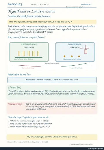 Handwritten one-page note: postsynaptic myasthenia gravis versus presynaptic Lambert–Eaton syndrome