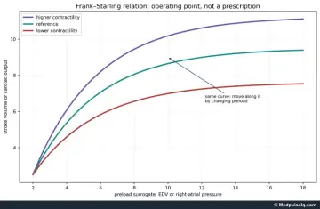 Graph: ventricular function curves at reference, higher and lower contractility