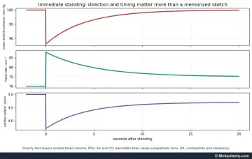 Graphs: mean arterial pressure, heart rate and cardiac output in the first 20 seconds after standing