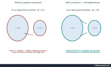 Diagram: small and large alveoli with and without surfactant, illustrating the law of Laplace