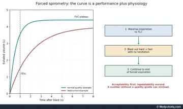 Graph: forced expiratory volume–time curves for a normal and an obstructive example
