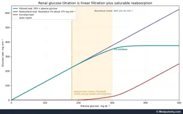Graph: filtered, reabsorbed and excreted glucose against plasma glucose with threshold and Tm