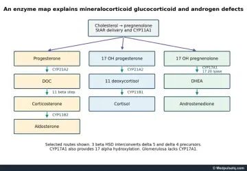 Diagram: adrenal steroid synthesis pathways for aldosterone, cortisol and androgens with key enzymes