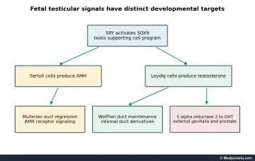 Diagram: SRY activates SOX9; Sertoli AMH regresses Mullerian ducts; Leydig testosterone maintains Wolffian ducts and is converted to DHT for external genitalia and prostate