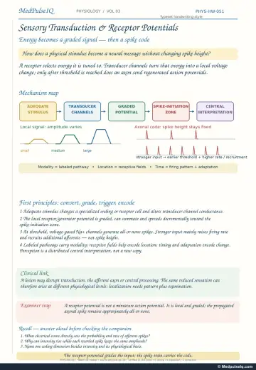 Handwritten one-page note: stimulus to transducer channels to graded receptor potential to spike code