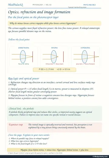 Handwritten one-page note: emmetropia, myopia and hyperopia ray diagrams and lens power