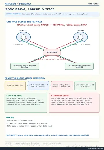 Diagram: nasal retinal fibres cross at the optic chiasm while temporal fibres stay ipsilateral