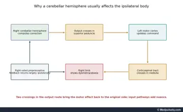 Diagram: right cerebellar hemisphere output crosses in the superior peduncle to left motor cortex, whose corticospinal tract crosses back to the right limb