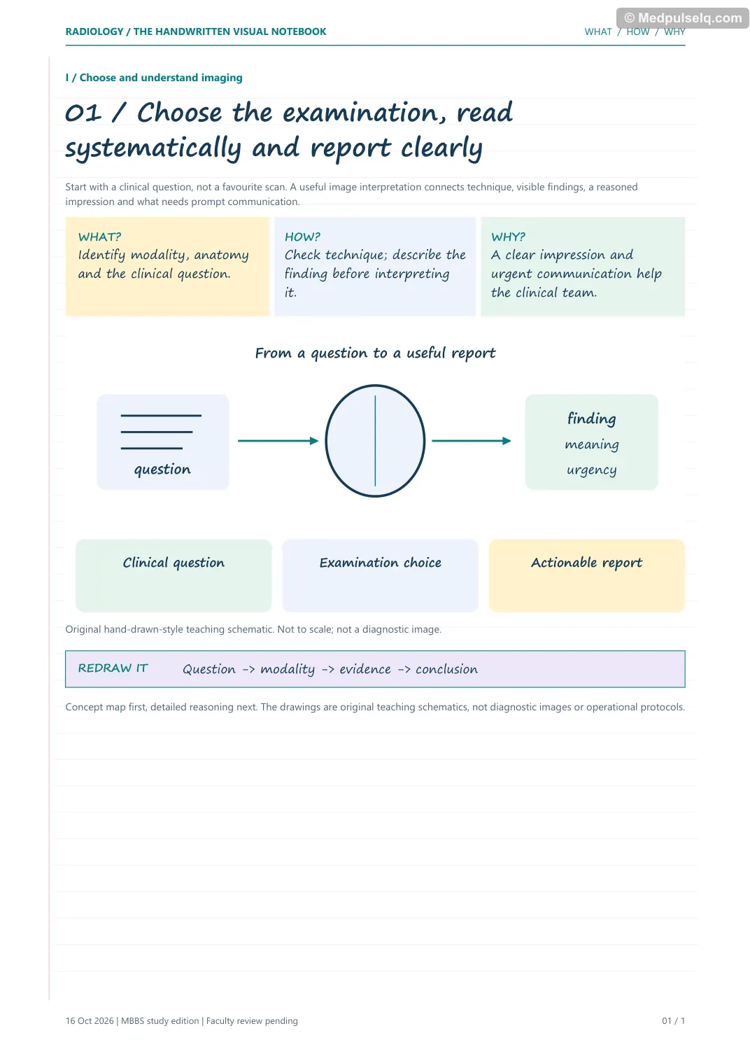 Visual notebook page — Choose the examination, read systematically and report clearly: what, how and why panels with a teaching schematic