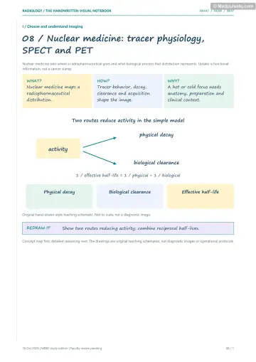 Visual notebook page — Nuclear medicine: tracer physiology, SPECT and PET: what, how and why panels with a teaching schematic