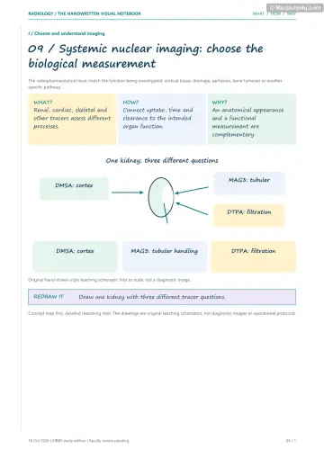 Visual notebook page — Systemic nuclear imaging: choose the biological measurement: what, how and why panels with a teaching schematic