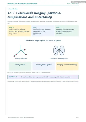 Visual notebook page — Tuberculosis imaging: patterns, complications and uncertainty: what, how and why panels with a teaching schematic