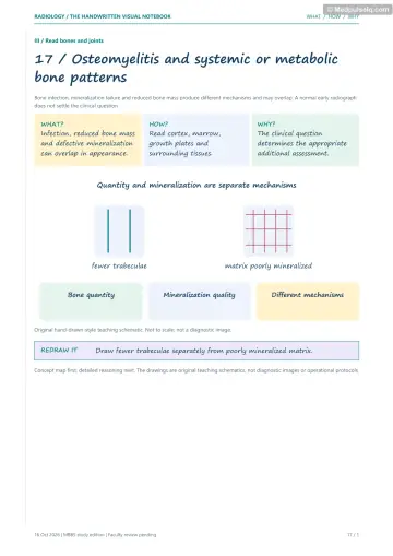 Visual notebook page — Osteomyelitis and systemic or metabolic bone patterns: what, how and why panels with a teaching schematic
