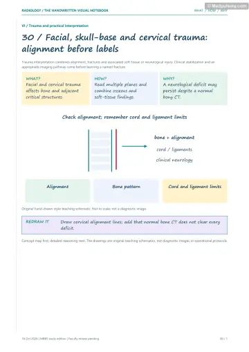 Visual notebook page — Facial, skull-base and cervical trauma: alignment before labels: what, how and why panels with a teaching schematic