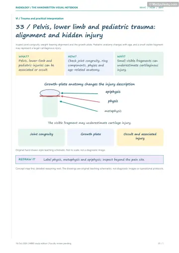 Visual notebook page — Pelvis, lower limb and pediatric trauma: alignment and hidden injury: what, how and why panels with a teaching schematic