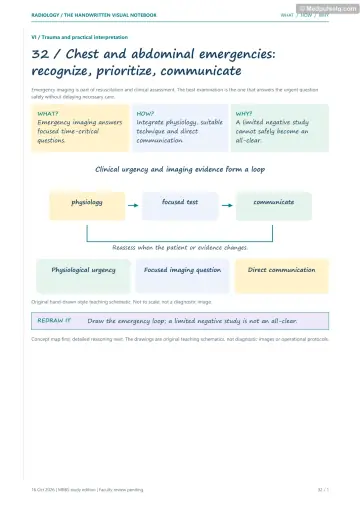 Visual notebook page — Chest and abdominal emergencies: recognize, prioritize, communicate: what, how and why panels with a teaching schematic